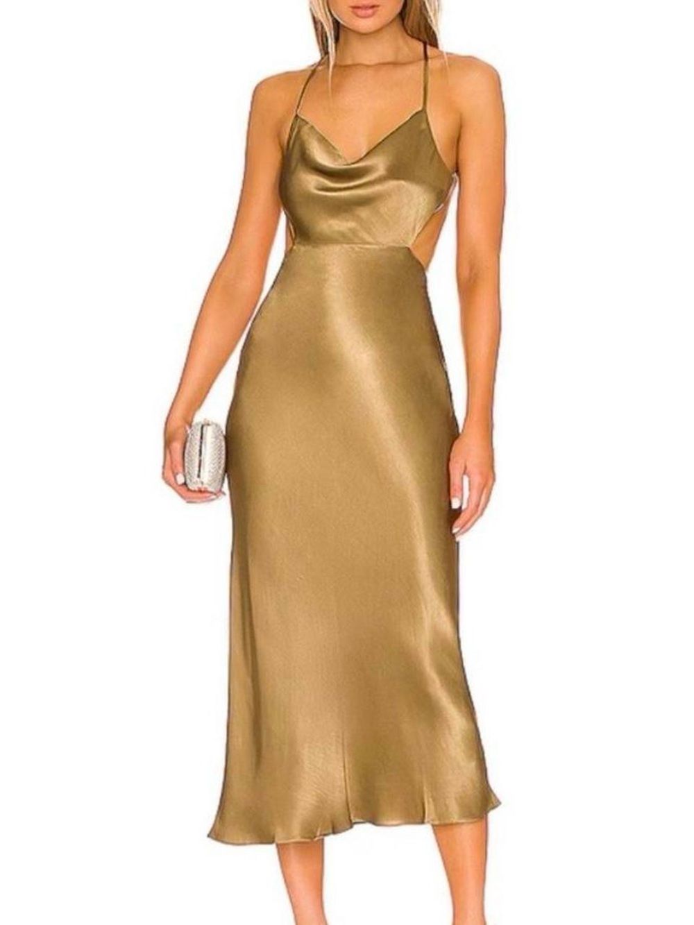 Shona Joy Thalia Bias Cut Satin Cowl Neck Midi Slip Dress in Cumin (gold olive)